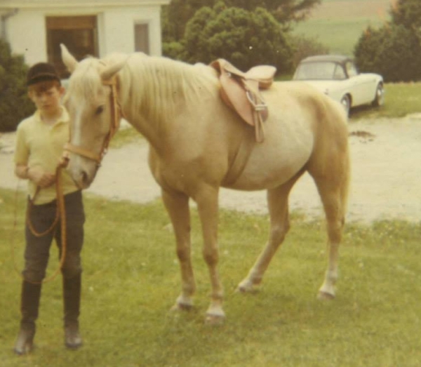 Datsun 2000 in the background of a palomino horse and William West Hopper, Circa 1969